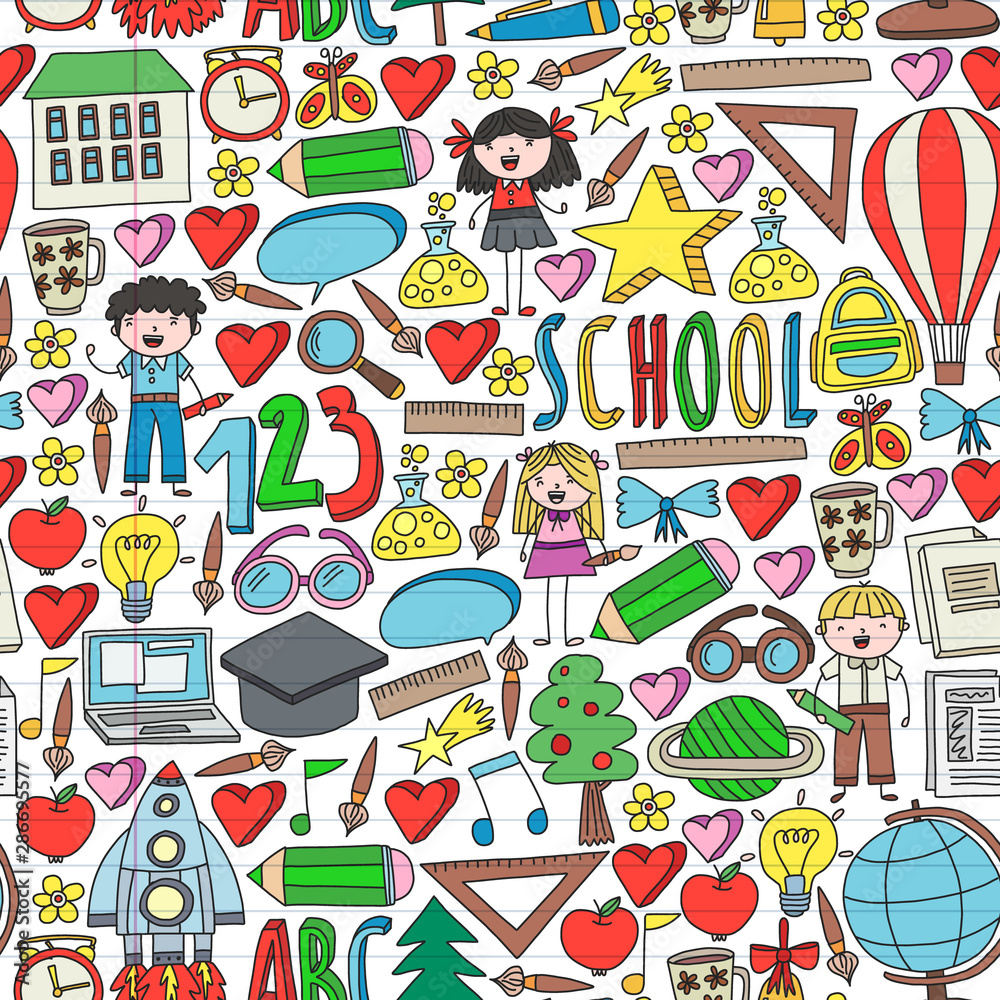Seamless vector set of Back to School icons in doodle style. Painted, colorful, pictures on a piece of paper on white background. Seamless vector set of Back to School icons in doodle style. Painted, colorful, pictures on a piece of paper on white background.