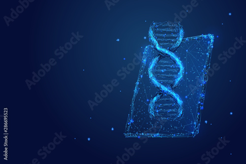 Genetic science, biotechnology low poly wireframe illustration. 3D PC tablet with DNA molecule on screen with connected dots. Polygonal online scientific laboratory mesh art