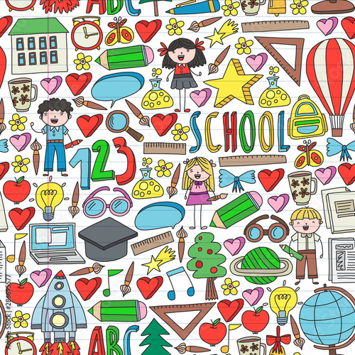 Seamless vector set of Back to School icons in doodle style. Painted, colorful, pictures on a piece of paper on white background.
