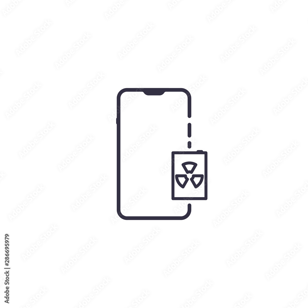 Icon of smartphone with nuclear atomic battery. Outline concept illustration of future technology with radioactive symbol Icon of smartphone with nuclear atomic battery. Outline concept illustration of future technology with radioactive symbol