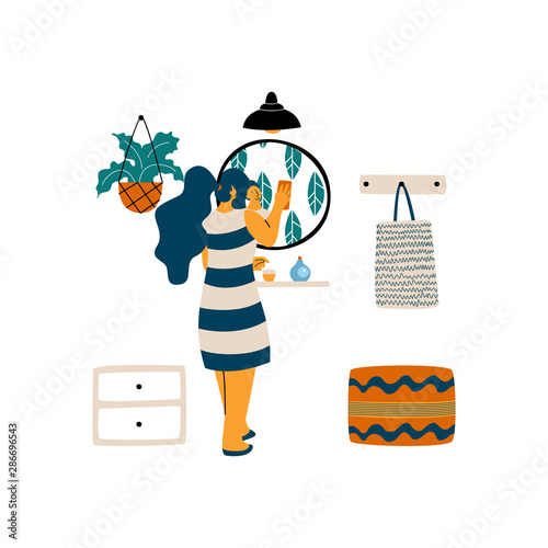 Woman cleaning room. Washing of mirrors. Flat cartoon vector illustration.
