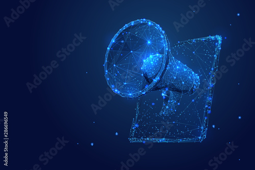 Internet mobile marketing low poly wireframe illustration. Polygonal online notification, digital targeted advertisement, SMM mesh art. 3D PC tablet with megaphone. Promotional campaign