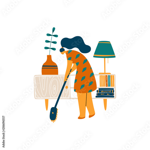 Woman cleaning room. Mopping floors with a mop. Flat cartoon vector illustration..