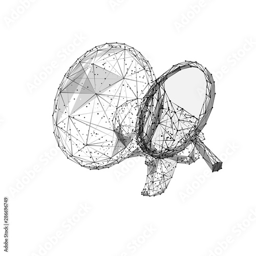 Marketing research low poly wireframe illustration. Polygonal promotional campaign planning, advertising strategy mesh art. 3D loudspeaker and magnifying glass on white background. Promo analytics