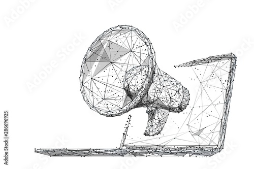 Digital marketing low poly wireframe illustration. Polygonal online notification, Internet targeted advertisement mesh art. 3D laptop and megaphone with connected dots. White background