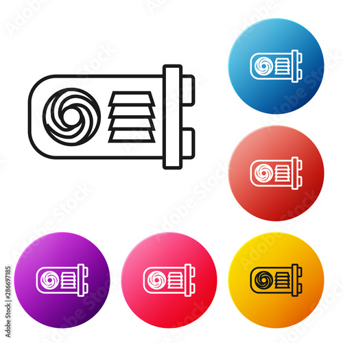 Black line Mining farm icon on white background. Cryptocurrency mining, blockchain technology, bitcoin, digital money market, wallet. Set icons colorful circle buttons. Vector Illustration