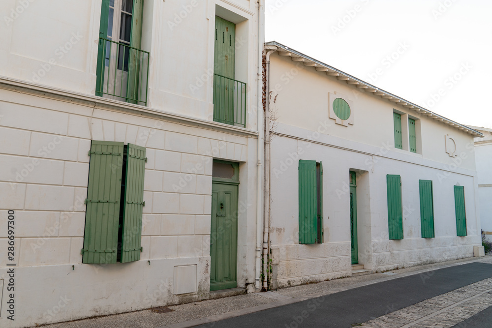 green shutters typical houses of the island of Aix in France
