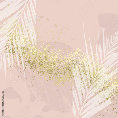 Elegant luxury nude rose pink blush and gold glitter brush stroke  background. Chic trendy print with botanical motifs