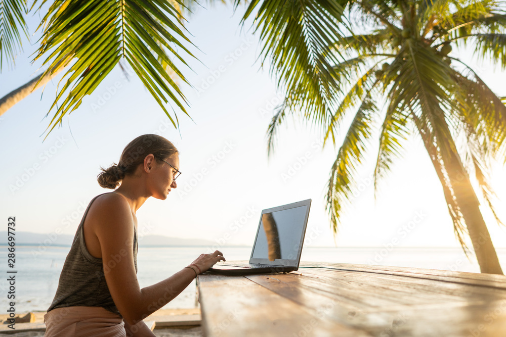 freelancer girl with a computer among tropical palm trees work on the island in sunset