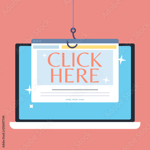 Clickbait laptop with fishing hook