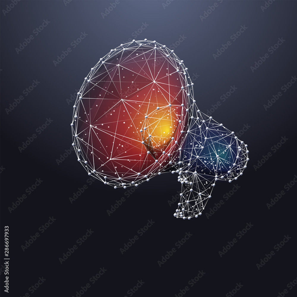 Megaphone. Low poly wireframe marketing blue background or concept with hand loudspeaker. Vector illustration. Online or digital marketing. Abstract polygonal image of speaker with color light. Megaphone. Low poly wireframe marketing blue background or concept with hand loudspeaker. Vector illustration. Online or digital marketing. Abstract polygonal image of speaker with color light.