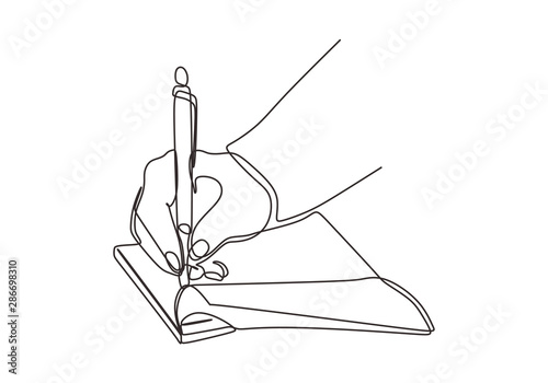 Hand writing vector continuous one line drawing illustration. Person write on a book with an ink pen minimalism style.