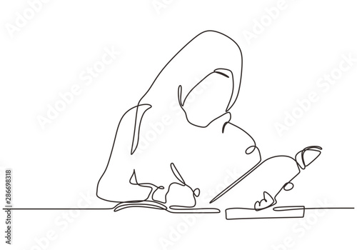 Continuous one line drawing of hijab girl study. Woman with muslimah scarf writing and reading with a pen and book.