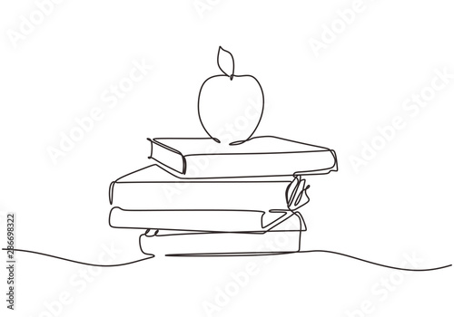 Stack of books and apple on a white background. Continuous one line drawing education supplies vector illustration minimalism back to school theme.