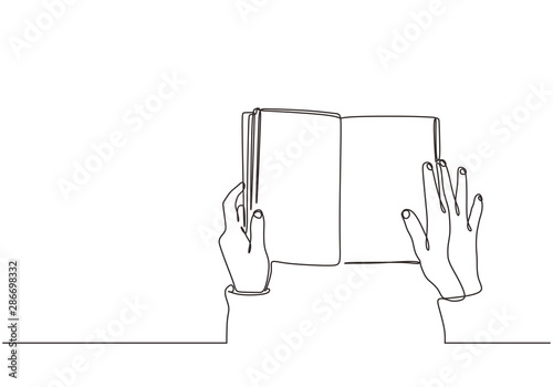 One line drawing of hand open a book continuous lineart hand drawn design.