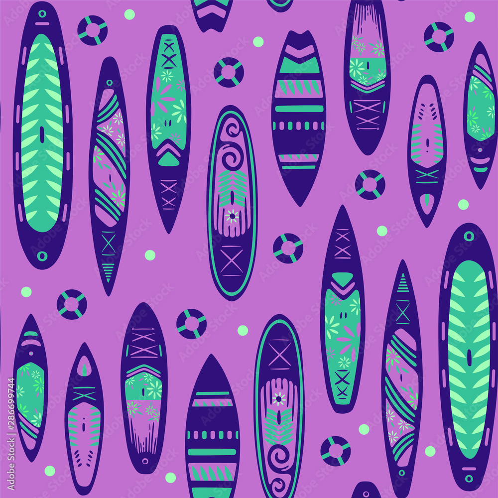 Stand Up Paddle Boarding SUP surfing colorful elements cute seamless pattern vector illustration with supboard, lifebuoy and wave on a pink background Stand Up Paddle Boarding SUP surfing colorful elements cute seamless pattern vector illustration with supboard, lifebuoy and wave on a pink background