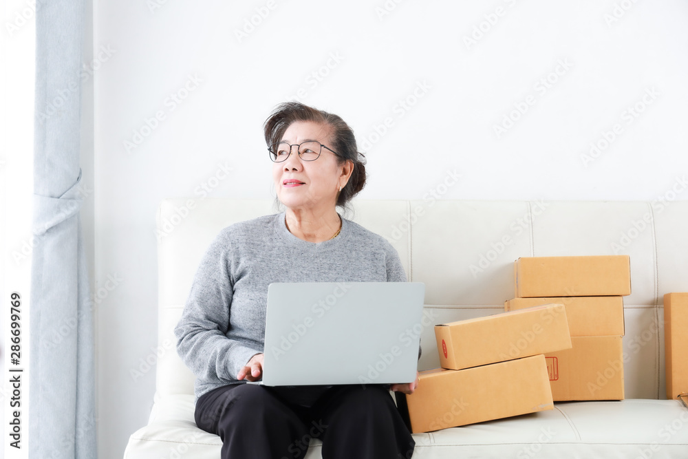 Asian senior woman retirement using laptop computer and packing box selling online market concept