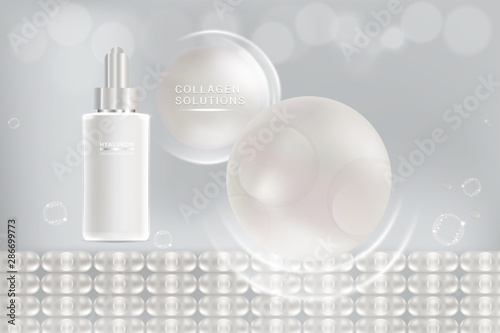 Beauty product ad design, white cosmetic container with collagen solution advertising background ready to use, luxury skin care banner, illustration vector.	