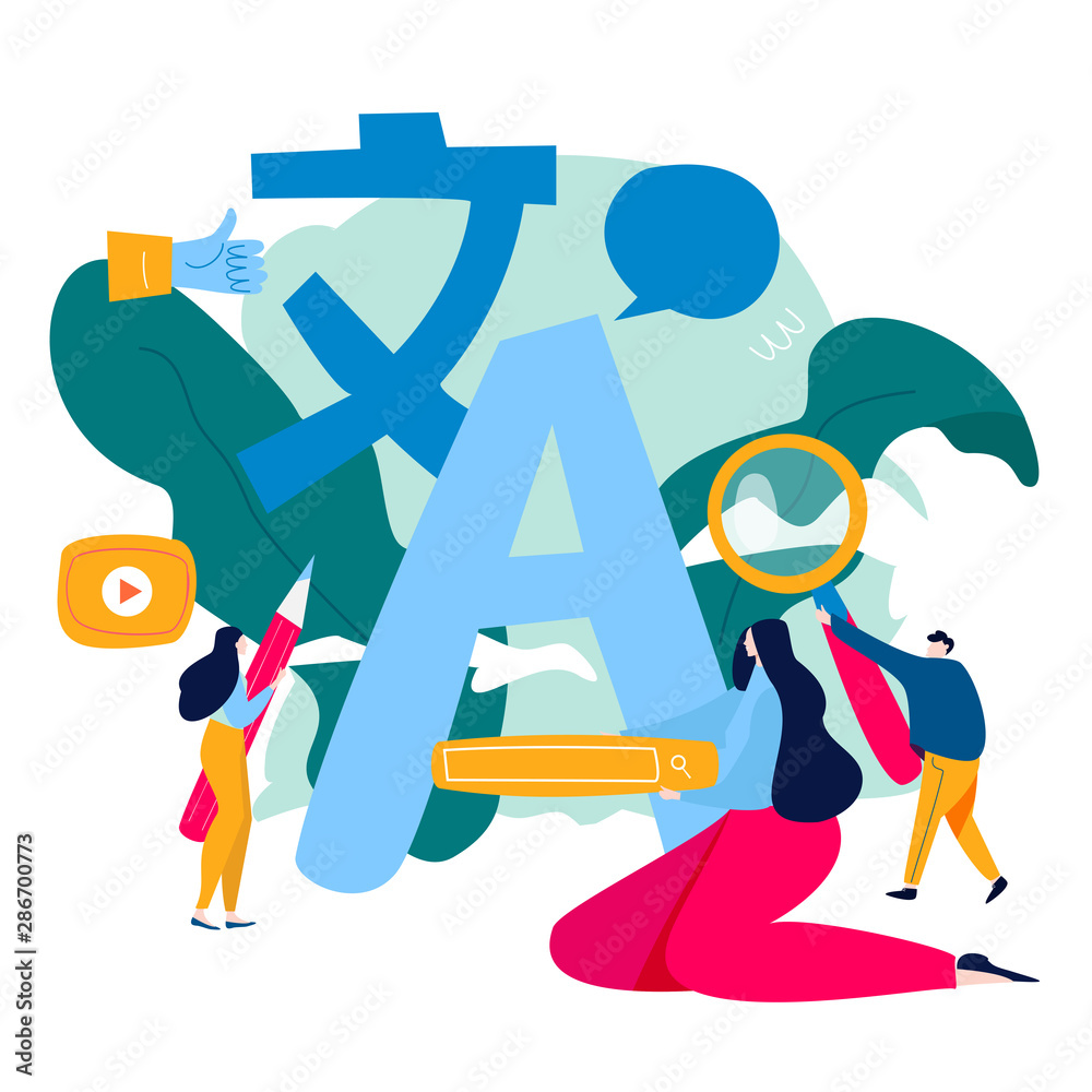 Obraz premium Online translator, foreign language translation, online communication flat vector illustration design for mobile and web graphics