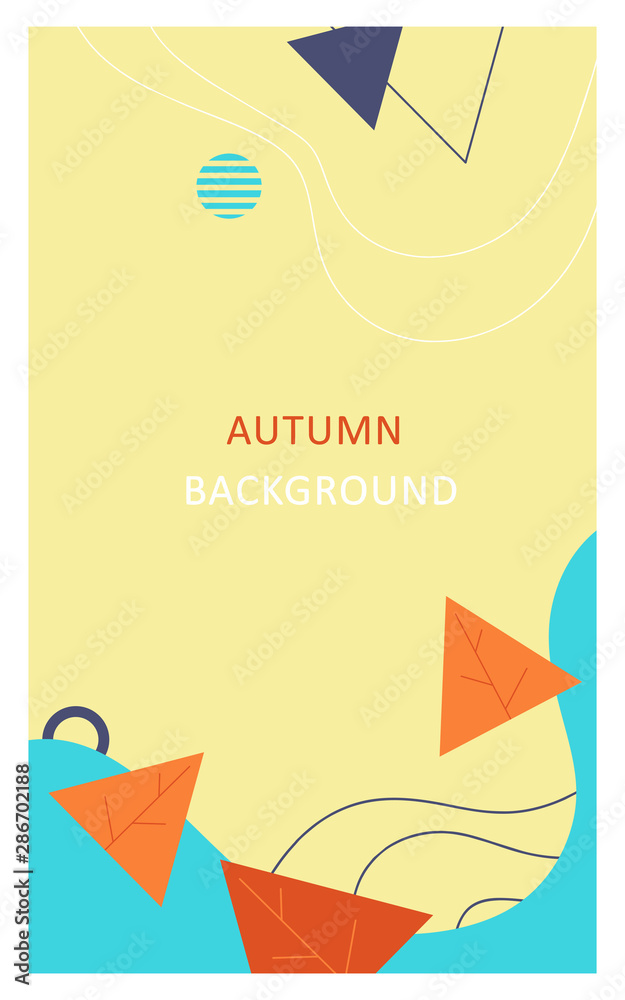 Autumn background in abstract memphis style with leaf stylization. Abstract shapes composition.