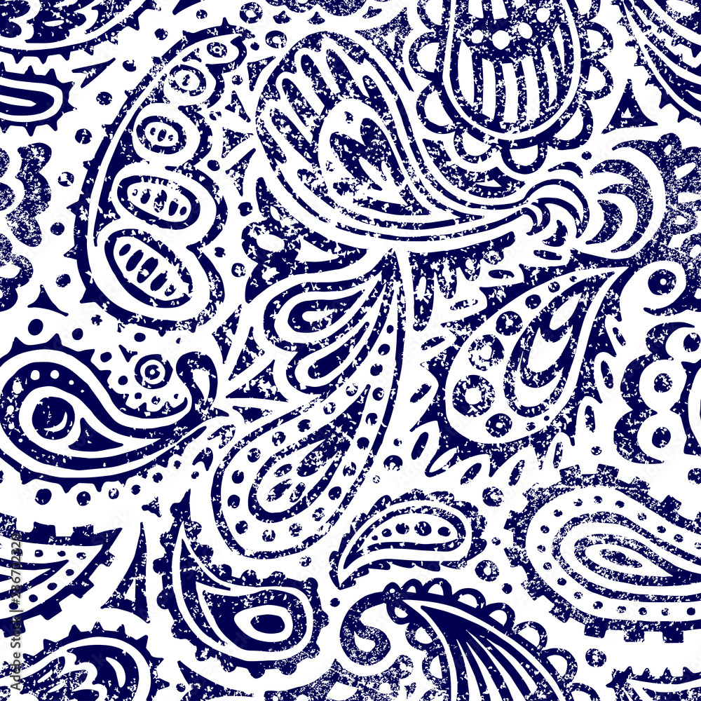 White and blue seamless paisley pattern. Print for textile, packaging,  wallpaper. Vector illustration. Stock Vector