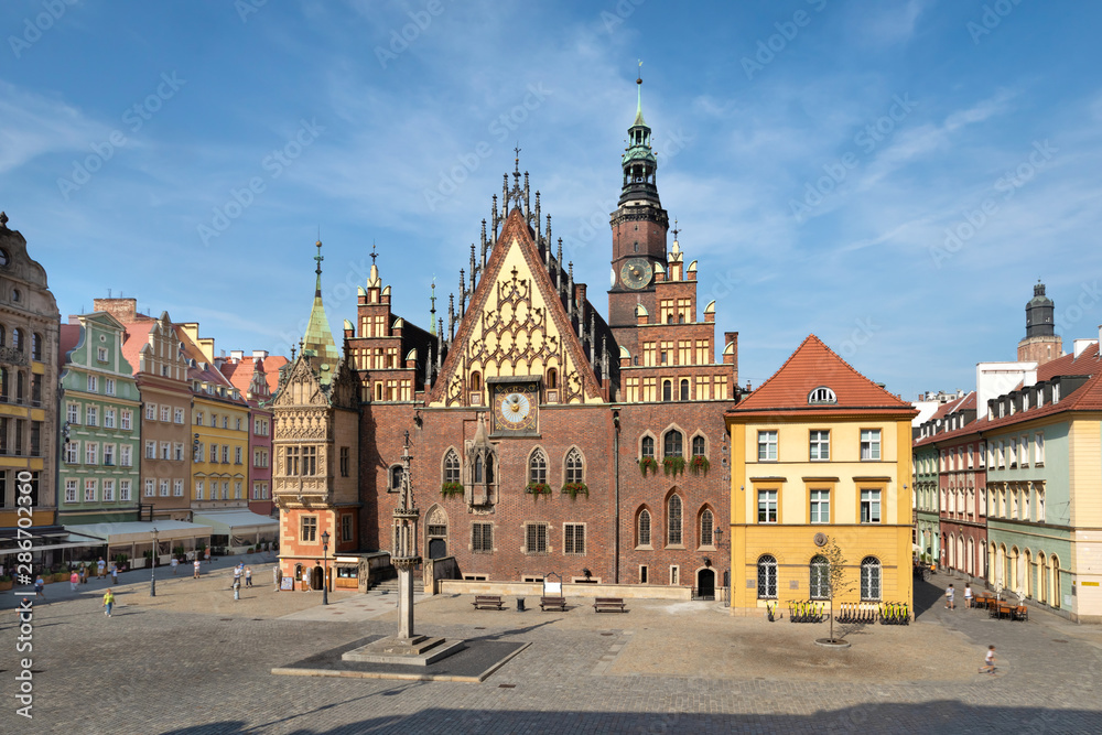 Gothic facade of historic Town Hall of Wroclaw, Lower Silesia, Poland