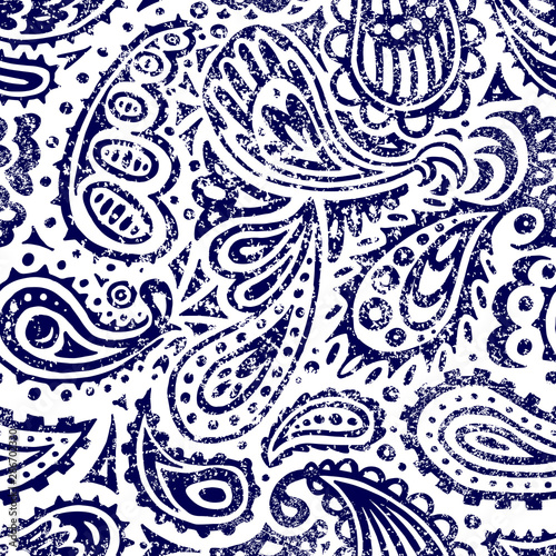White and blue seamless paisley pattern. Print for textile, packaging, wallpaper. Vector illustration.