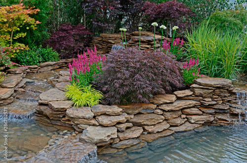The pond area in an aquatic garden and planted rockery and selection of flowers, shrubs and grasses photo