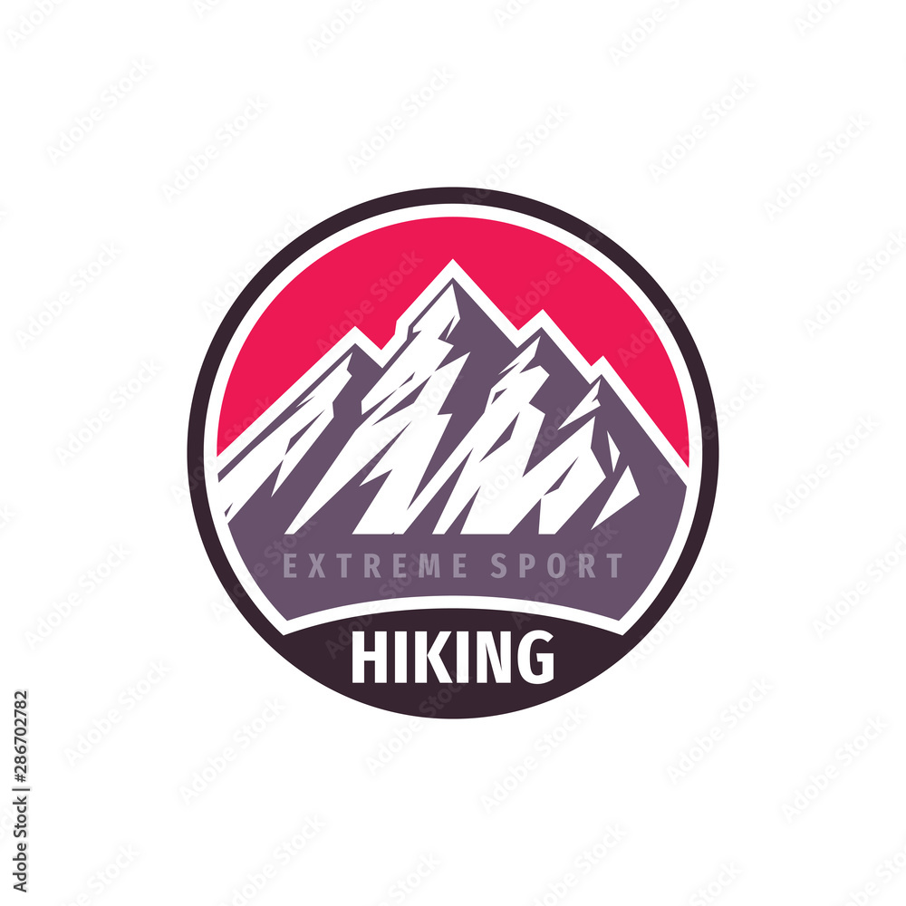 Mountains hiking extreme sport - concept badge design. Climbing creative logo. Expedition outdoors emblem. Vector illustration. 