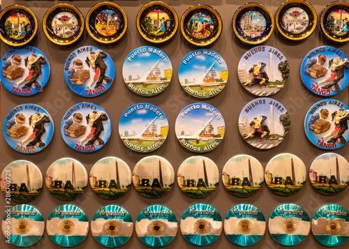 Pins that tourists buy and carry as souvenirs related to tango, the typical Buenos Aires dance, the obelisk or the colors of the national flag. photo