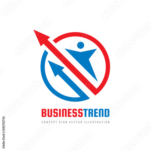 Business trend logo design. Human character with arrows in circle shape. Exchange market growth graphic sign. Success progress symbol. Vector illustration. 