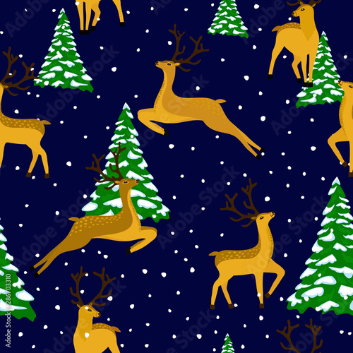 Deer in winter forest. Seamless pattern with hand drawn design for Christmas, New Year greeting cards. Print for kids fabric. © barberry