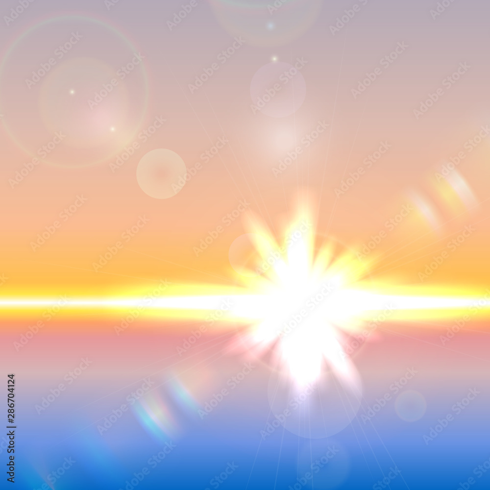 Fototapeta premium Vector sun over horizon with lens flares