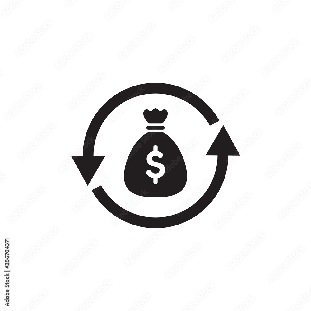 Dollar money bag and arrows - black icon design. Investment sign. Vector illustration. Dollar money bag and arrows - black icon design. Investment sign. Vector illustration.