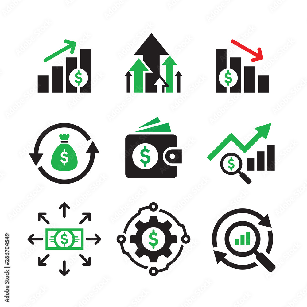 Business finance investment - concept web icons set. Infographic exchange market symbols. Monay dollar signs. Graphic design elements. Business finance investment - concept web icons set. Infographic exchange market symbols. Monay dollar signs. Graphic design elements.
