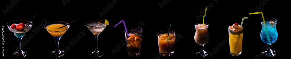 Cocktails on a black background assorted Mojito, Pina Colada, Blue Hawaii, Sex on the beach, B-52, Margarita, Cosmopolitan, Daiquiri, Cuba Libre,.Bloody Mary. Cocktails on a black background assorted Mojito, Pina Colada, Blue Hawaii, Sex on the beach, B-52, Margarita, Cosmopolitan, Daiquiri, Cuba Libre,.Bloody Mary.
