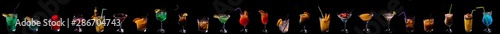 Cocktails on a black background assorted Mojito, Pina Colada, Blue Hawaii, Sex on the beach, B-52, Margarita, Cosmopolitan, Daiquiri, Cuba Libre,.Bloody Mary.