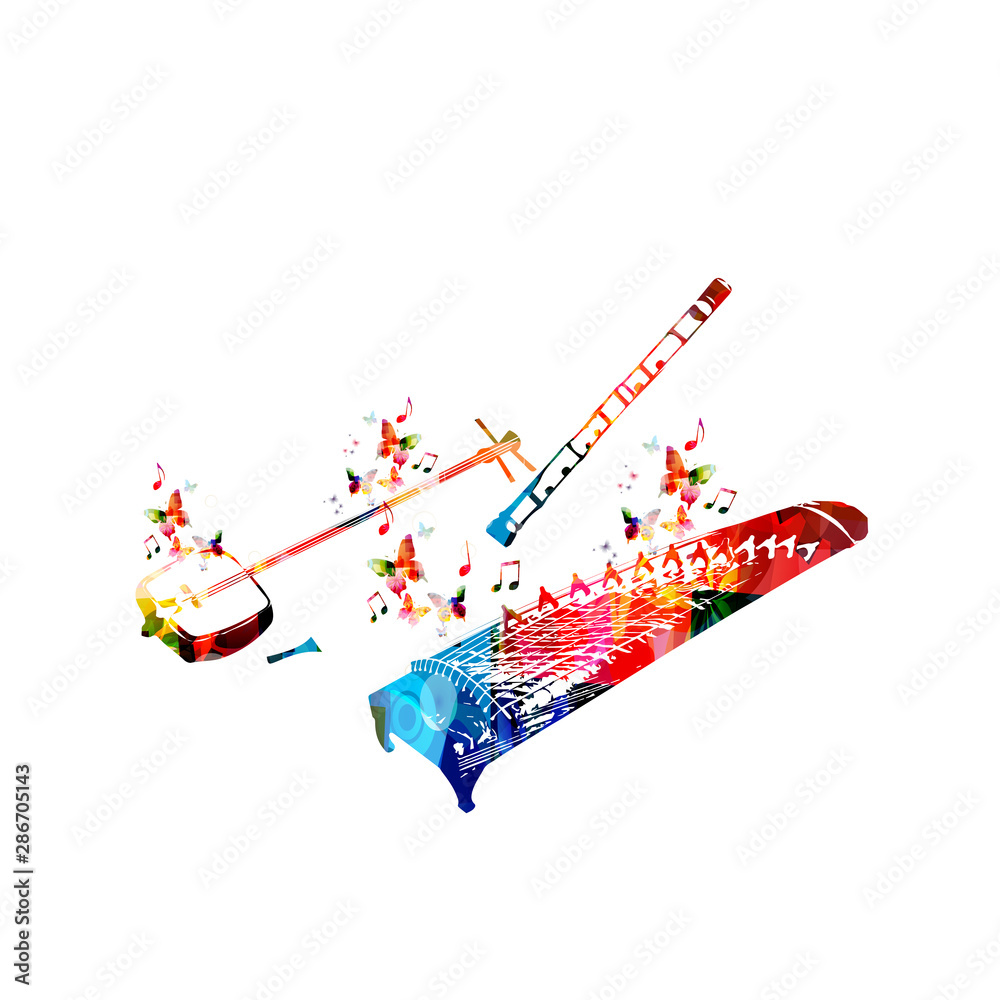 Colorful koto, shamisen and shakuhachi with music notes isolated vector