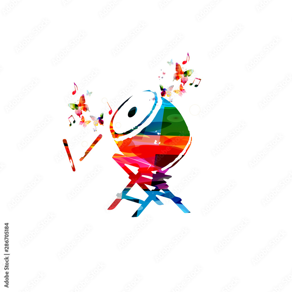 Colorful taiko drum instrument with music notes isolated vector