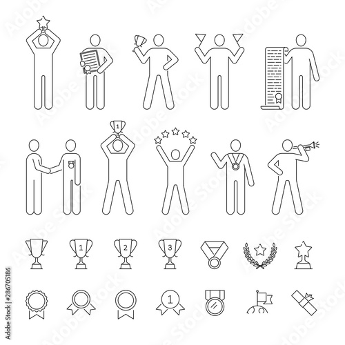 Awards, prize, winning set of vector icons outline style