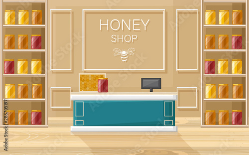 Honey shop Vector flat style. Store shelves with honey bottles templates