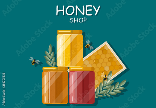 Honey bottles Vector flat style. Fresh product template labels