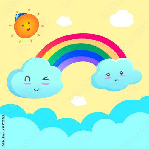 Cut rainbow and cloud with little sun, Weather symbol.