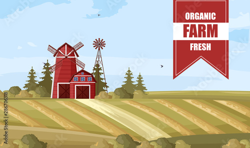 Organic farm poster Vector. Countryside Label layout templates
