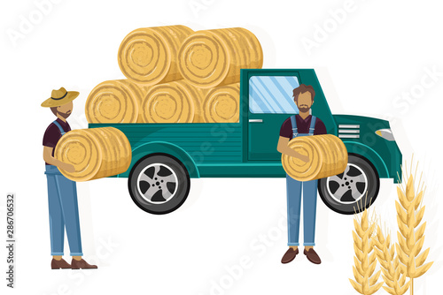 Farmers working hay harvesting vector flat styles
