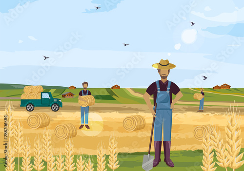 Farmers working hay fields vector flat styles