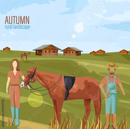 Farmers couple in autumn rural landscape Vector. Woman holding a horse countr...