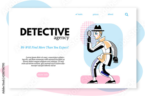 Detective agency vector web page template. Agent with magnifier character