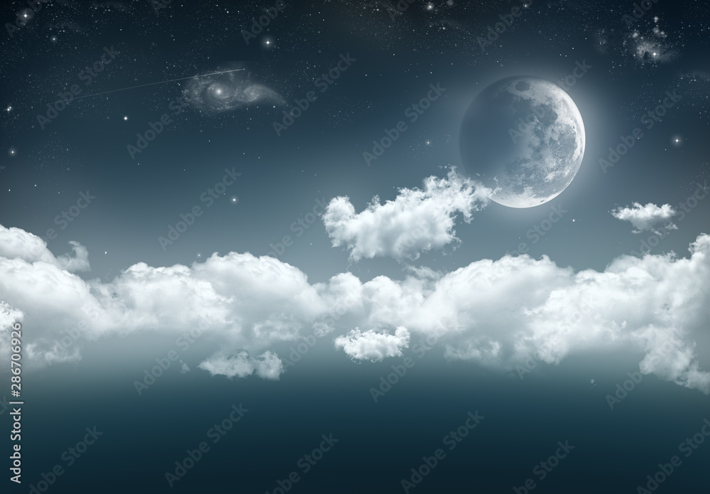 An illustration of a cresent moon on the right with a long band of cloud, stars, shooting star and galaxies against the dark blue of space.