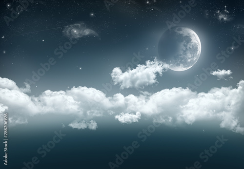 An illustration of a cresent moon on the right with a long band of cloud  stars  shooting star and galaxies against the dark blue of space.